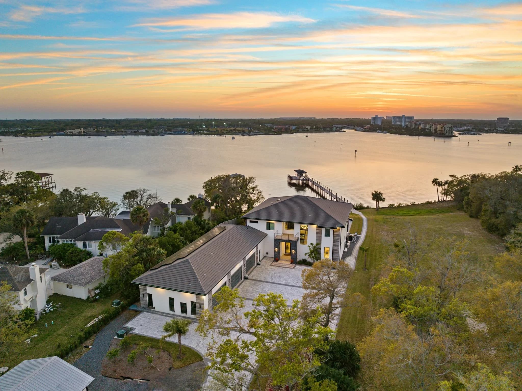 Lakefront aerial at sunset