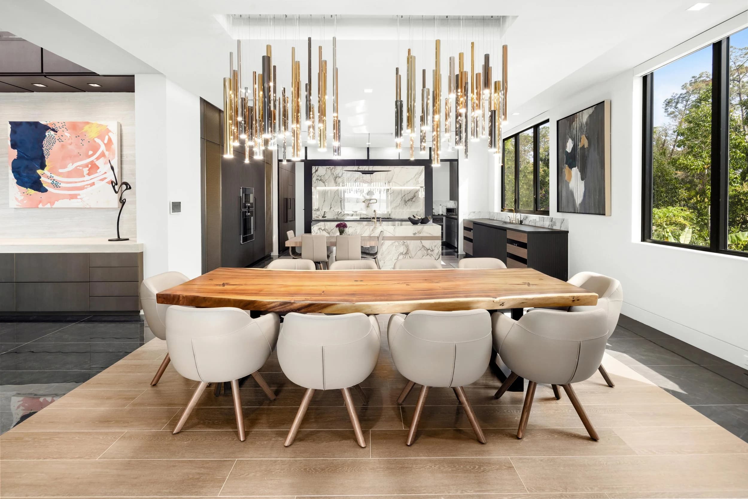 Dining, live edge and brass